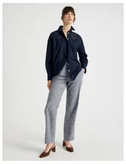 Basque Long Sleeve Cutwork Detail Shirt in Navy