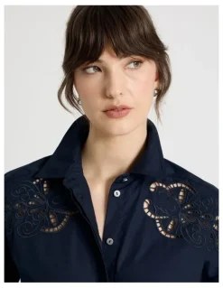 Basque Long Sleeve Cutwork Detail Shirt in Navy