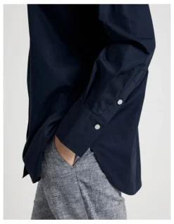Basque Long Sleeve Cutwork Detail Shirt in Navy