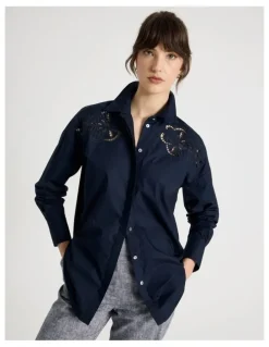 Basque Long Sleeve Cutwork Detail Shirt in Navy