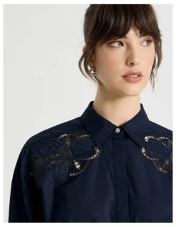 Basque Long Sleeve Cutwork Detail Shirt in Navy