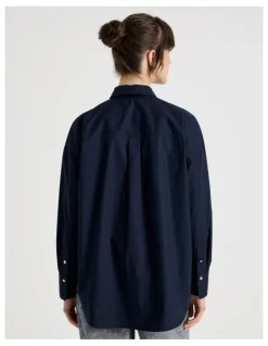 Basque Long Sleeve Cutwork Detail Shirt in Navy