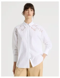 Basque Long Sleeve Cutwork Detail Shirt in White