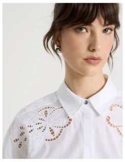 Basque Long Sleeve Cutwork Detail Shirt in White