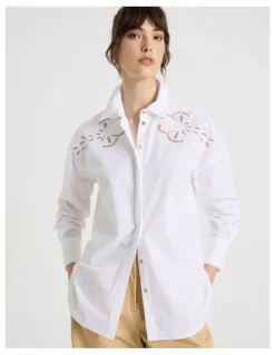 Basque Long Sleeve Cutwork Detail Shirt in White
