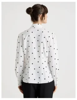 Basque Long Sleeve Georgette Blouse in White and Black Polka Dot Print