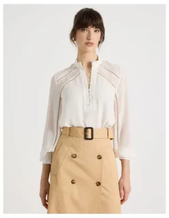 Basque Long Sleeve Lace Trim Blouse in White