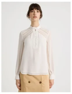 Basque Long Sleeve Lace Trim Blouse in White