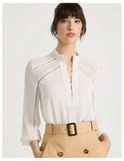Basque Long Sleeve Lace Trim Blouse in White