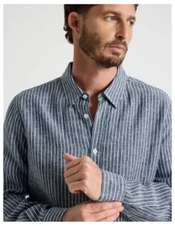 Basque Long Sleeve Linen Shirt in Indigo Stripe
