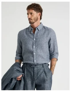 Basque Long Sleeve Linen Shirt in Indigo Stripe
