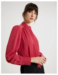 Basque Long Sleeve Tie Blouse in Cardinal