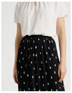 Basque Pleated Midi Skirt in Black and White Polka Dot