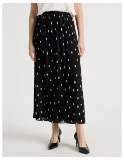 Basque Pleated Midi Skirt in Black and White Polka Dot