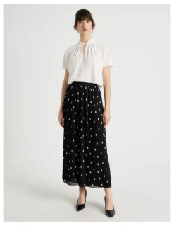 Basque Pleated Midi Skirt in Black and White Polka Dot