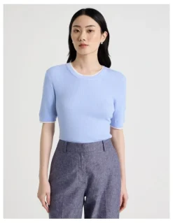 Basque Short Sleeve Double Layer Knit Tee in Light Blue