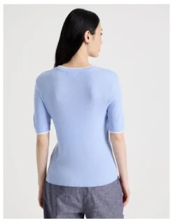 Basque Short Sleeve Double Layer Knit Tee in Light Blue