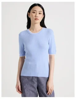 Basque Short Sleeve Double Layer Knit Tee in Light Blue
