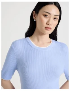 Basque Short Sleeve Double Layer Knit Tee in Light Blue
