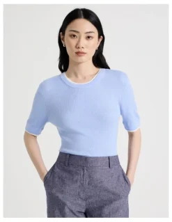 Basque Short Sleeve Double Layer Knit Tee in Light Blue