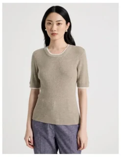 Basque Short Sleeve Double Layer Knit Tee in Oatmeal