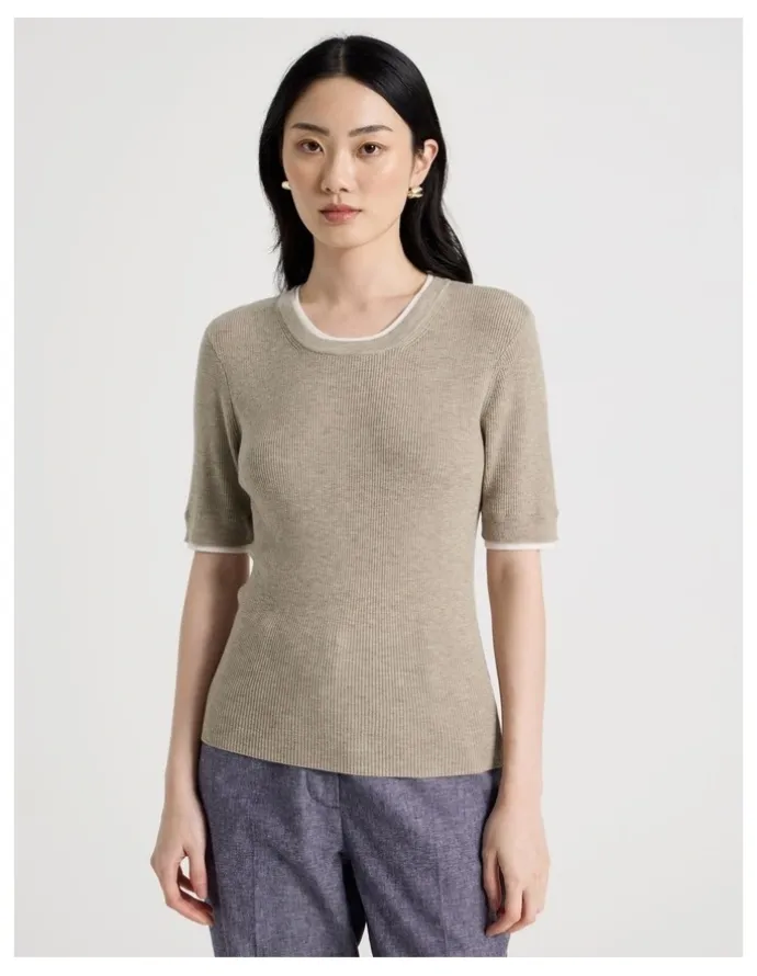 Basque Short Sleeve Double Layer Knit Tee in Oatmeal