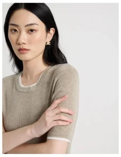 Basque Short Sleeve Double Layer Knit Tee in Oatmeal