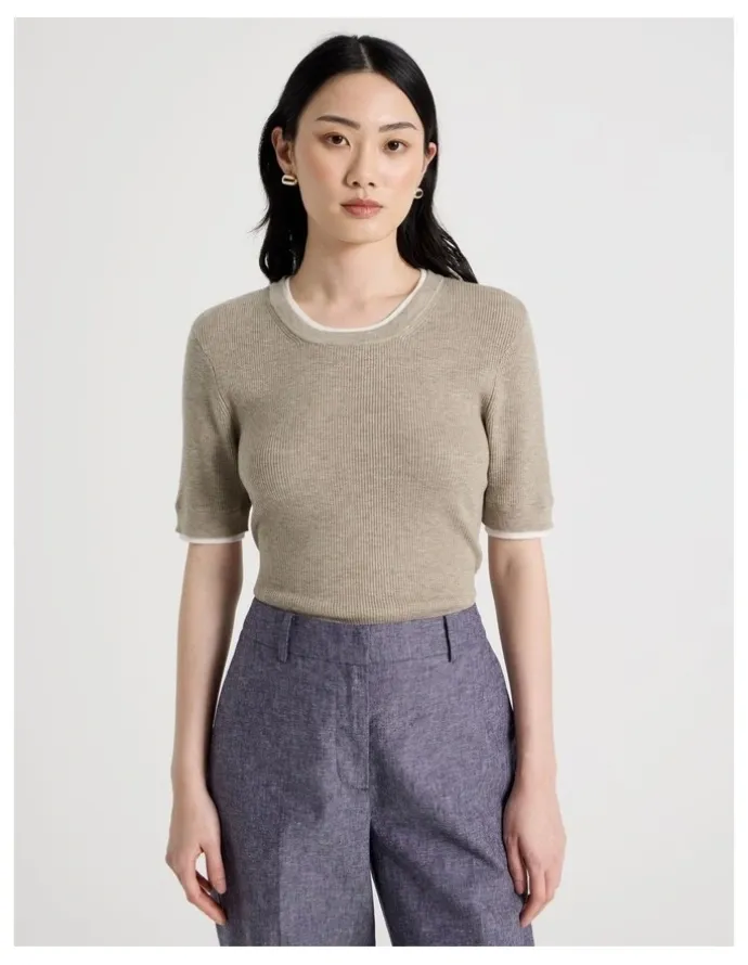 Basque Short Sleeve Double Layer Knit Tee in Oatmeal