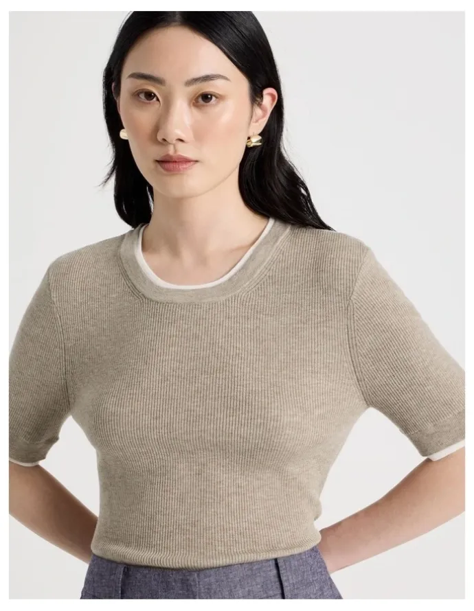 Basque Short Sleeve Double Layer Knit Tee in Oatmeal