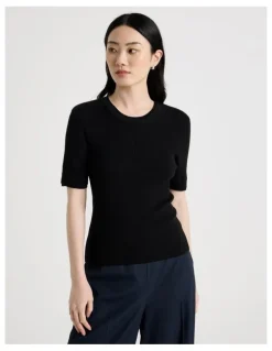 Basque Short Sleeve Double Layer Knit Tee in Black