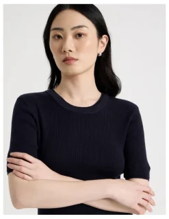 Basque Short Sleeve Double Layer Knit Tee in Navy