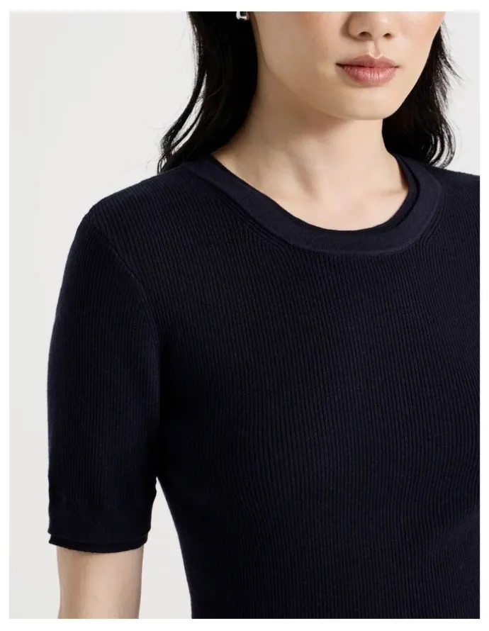 Basque Short Sleeve Double Layer Knit Tee in Navy