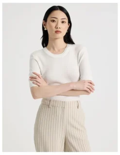 Basque Short Sleeve Double Layer Knit Tee in White