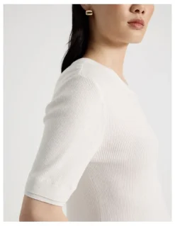 Basque Short Sleeve Double Layer Knit Tee in White