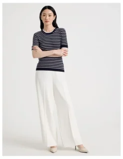 Basque Short Sleeve Double Layer Knit Tee in Navy and White Stripe