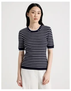 Basque Short Sleeve Double Layer Knit Tee in Navy and White Stripe