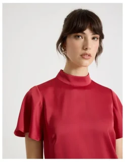 Basque Short Sleeve High Neck Satin Top in Red