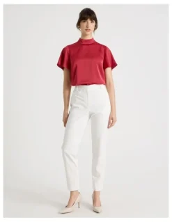 Basque Short Sleeve High Neck Satin Top in Red
