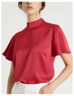 Basque Short Sleeve High Neck Satin Top in Red