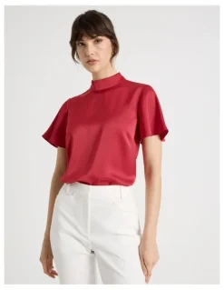 Basque Short Sleeve High Neck Satin Top in Red