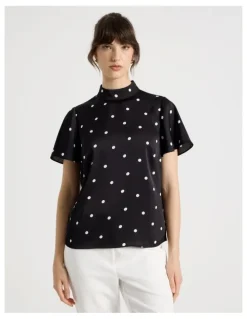 Basque Short Sleeve High Neck Satin Top in Black and White Polka Dot