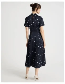Basque Short Sleeve Satin High Neck Midi Dress in Black and White Polka Dot Print