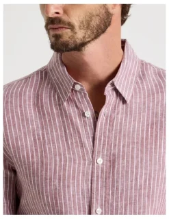 Basque Stripe Long Sleeve Linen Shirt in Rust