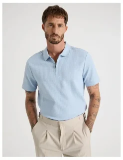 Basque Zip Neck Self Stripe Polo in Light Blue