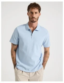 Basque Zip Neck Self Stripe Polo in Light Blue