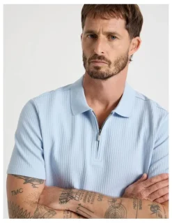 Basque Zip Neck Self Stripe Polo in Light Blue
