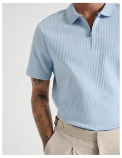 Basque Zip Neck Self Stripe Polo in Light Blue