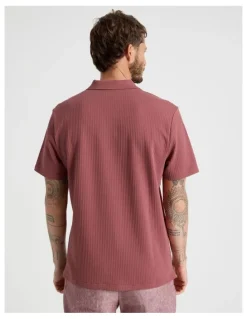 Basque Zip Neck Self Stripe Polo in Rust