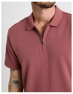 Basque Zip Neck Self Stripe Polo in Rust