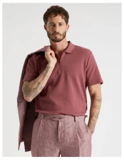 Basque Zip Neck Self Stripe Polo in Rust